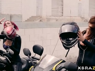 Emo biker babes banged by two thugs in